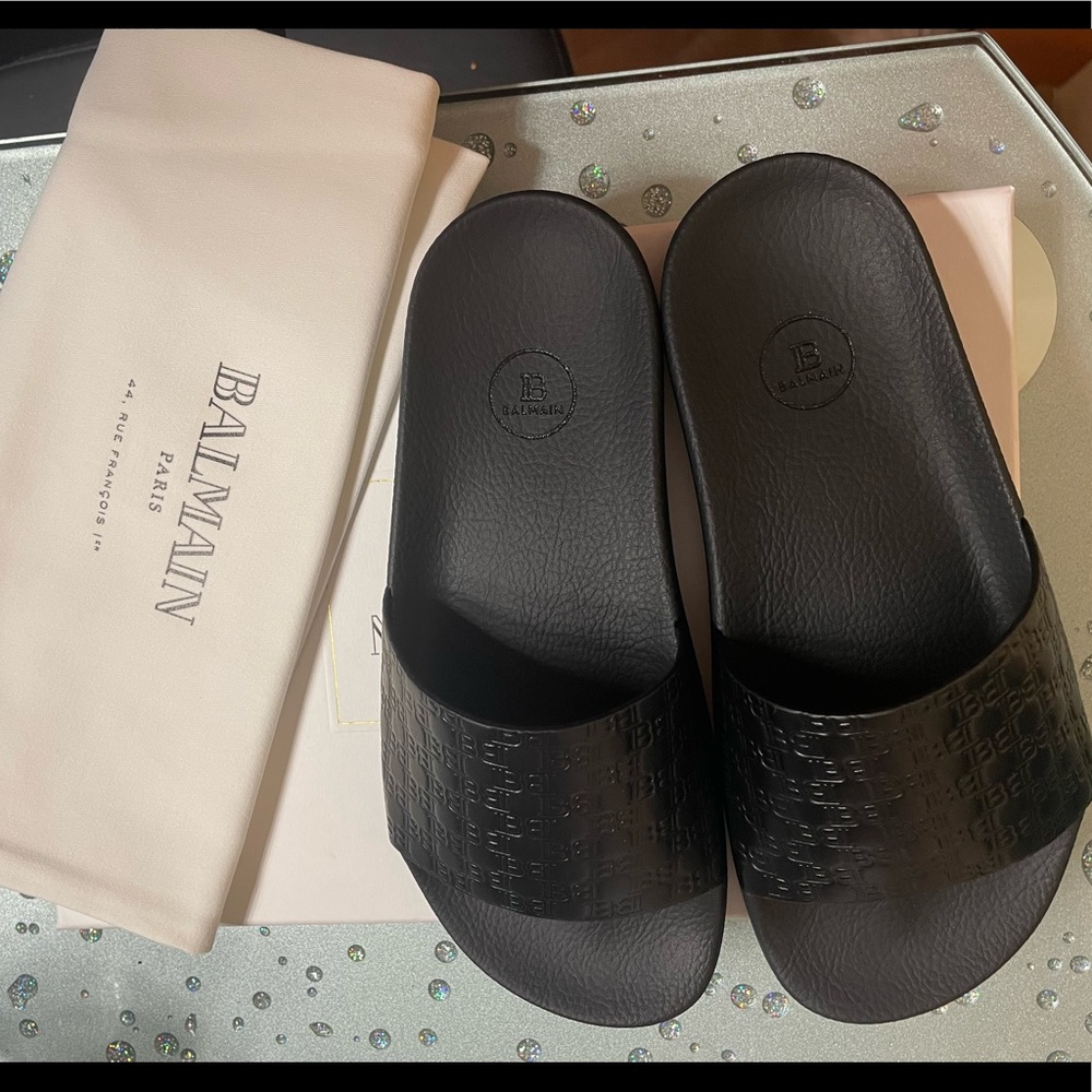 Balmain Black Leather Monogram Slides